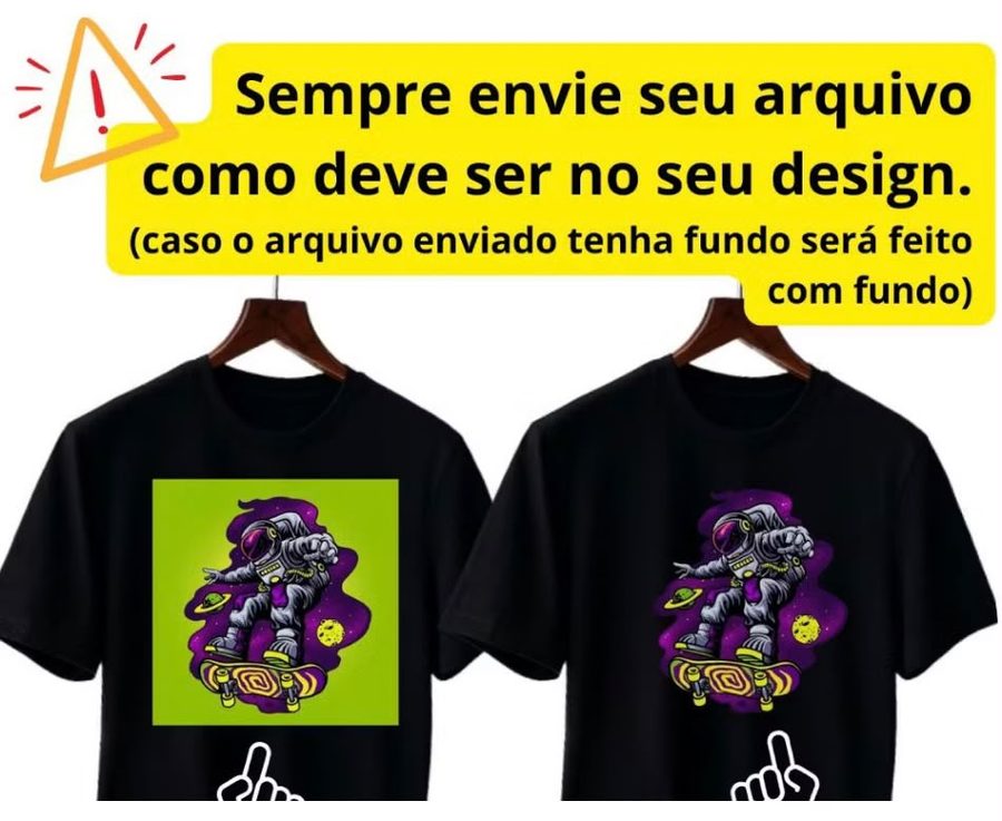 Envie sua arte exatamente como deve aparecer na camiseta — se o arquivo tiver fundo, o fundo será impresso