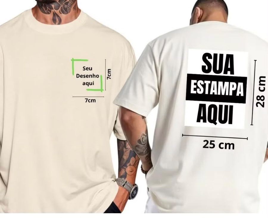 Mockup mostrando área e medidas da estampa personalizada na camiseta off-white